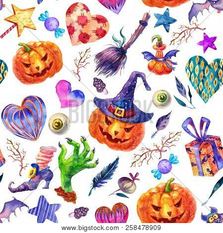 Watercolor Seamless Happy Halloween Pattern. Broom, Pumpkin, Hat, Candy, Gift, Heart, Bat, Magic Wan