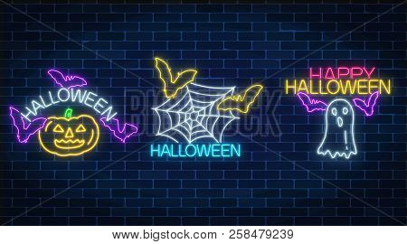 Set Of Three Halloween Illustrations In Neon Style. Glowing Neon Pumpkin, Bats, Chost Silhouette And