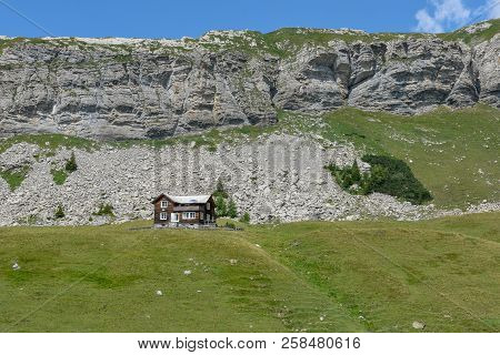 Melchsee-frutt, Switzerland - 4 August 2018: Mountain Landscape At Melchsee-frutt On The Swiss Alps