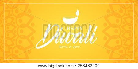 Happy Diwali. Greeting Banner Wit Hand Type Lettering, Indian Ornament And Lamp.