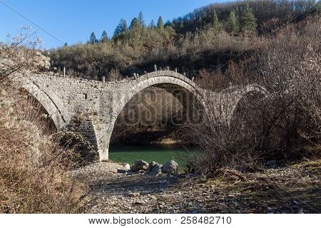Landscape Of Ancient Bridge Of Missios In Vikos Gorge And Pindus Mountains, Zagori, Epirus, Greece