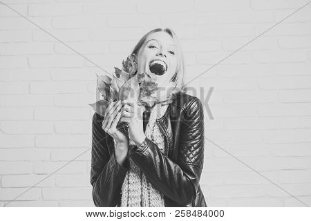 Beauty And Fashion. Woman With Autumn Leaves In Leather Jacket. Girl With Orange Leaves At Brick Wal