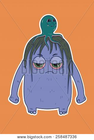 Vector Illustration Of A Sticker In It Depicts An Imaginary Being With An Octopus On His Head