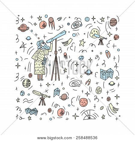 Vector Design Of Astronomer And Astronomic Objects.