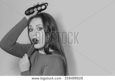 Woman Or Fashionable Model With Long Hair And Young Skin Applying Makeup On Pretty Face With Brush A