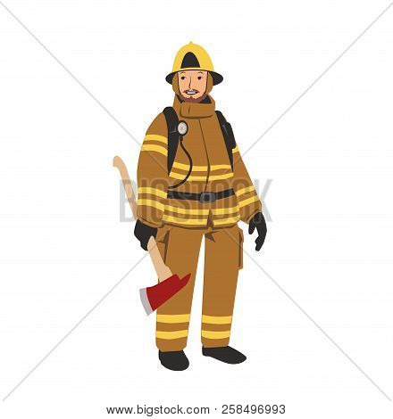 Firefighter Character With An Axe. Flat Vector Illustration. Isolated On White Background.