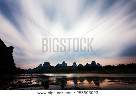 Long Exposure 51 Second At Li River Yangshuo China, With Cloud Streaks