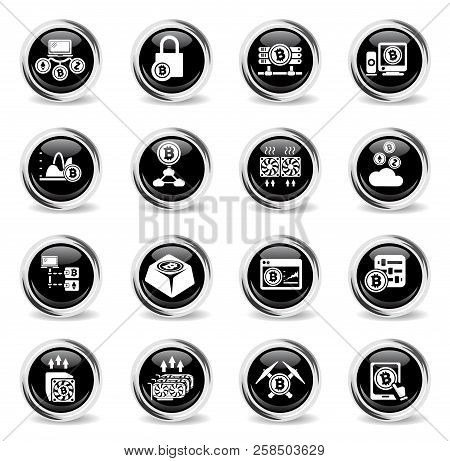 Cryptocurrency And Mining Icons - Black Round Chrome Buttons