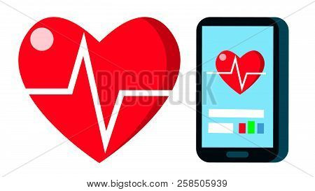Heart Beat Rate Vector. Pulse, Cardiogram Heart Sign Chart On Mobile Scren. Heartbeat Sport Fitness 
