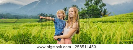 Mom And Son Travelers On Beautiful Jatiluwih Rice Terraces Against The Background Of Famous Volcanoe