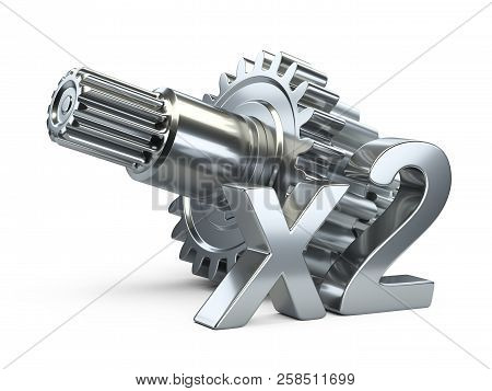 Gear Wheels On The Shaft With The Inscription X2. 3d Illustration Isolated On White Background.