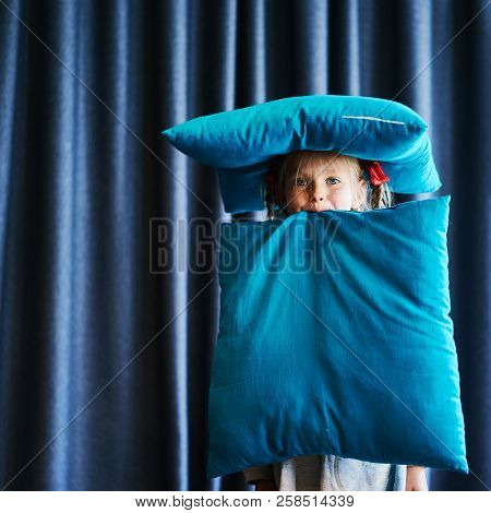 Little Girl Play With Pillow Hold Teeth Square