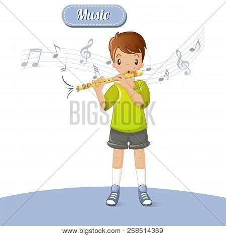 Boy Play Flute Music Concept Background. Cartoon Illustration Of Boy Play Flute Music Vector Concept
