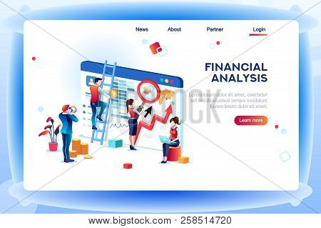 Finance Analysts. Concept Of Analytics For Website, Small Social Presentation, Magnifying Infographi
