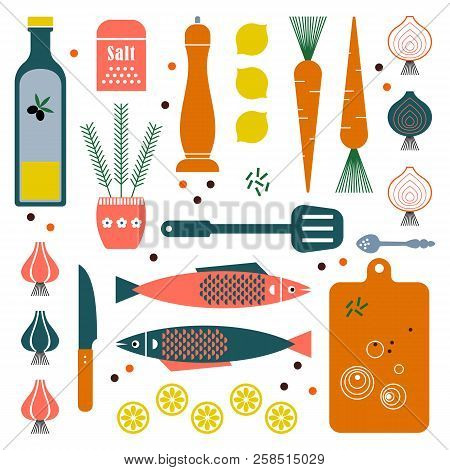 Vector Retro Set Kitchen Utensils. Cooking Tools Flat Style. Cook Equipment Isolated Objects.