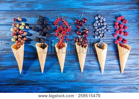 Ice Cream Cones With Fruits And Berries:  Goosberries, Red Current, Raspberries, Blackberries, Blueb