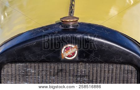 Queenstown, South Africa, 17 June 2017: Vintage Studebaker Emblem On Old Vehicle On Display At Queen