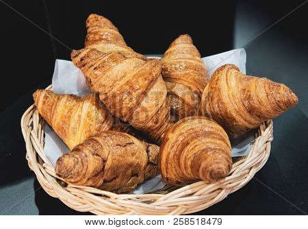 French Croissants On Wicker Basket, Bakery Background