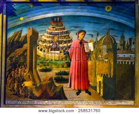 Florence, Italy - September 23, 2017 Domenico Di Michelino Dante Divine Comedy Painting Duomo Cathed