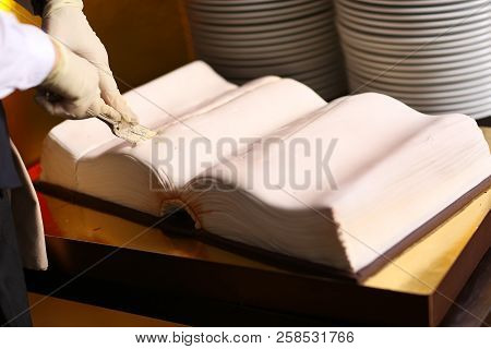 Big Book Shape Birthday Cake With Cook Hands Cut With Knife