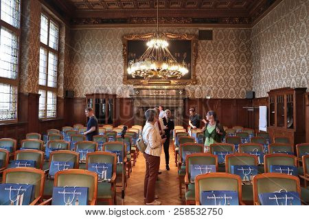 Leipzig, Germany - May 9, 2018: People Visit The New Town Hall (neues Rathaus) In Leipzig, Germany. 