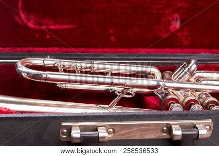 Close Up Old Trumpet In Velvet Case. Vintage Musical Instrument In Original Case. Classical Wind Ins