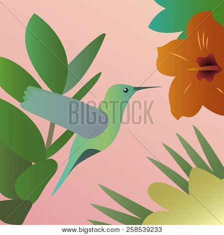 Tropical Composition With Palm Leaves, Exotic Flowers And Hummingbirds On A Pink Background. Vector 