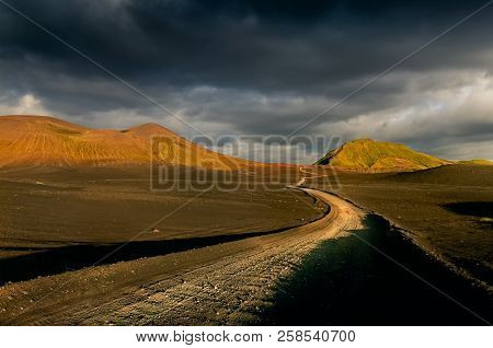 Landscape View Of Lndmannalaugar Volcanic Mountains And The Road, Iceland