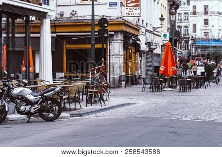 BRUSSELS, BELGIUM - August 27, 2017: Traditional restaurant cafein Brussels city, Belgium.