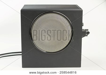 Large Black Stereo Box With Round Speaker. Powerful Bass Speaker. Modern Sound Equipment.