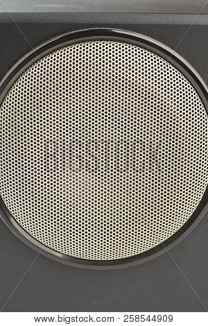 Close Up Black Stereo Box With Round Speaker. Detail Of Large Audio Speaker. Audio Equipment For Con