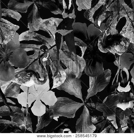 Summer Beach Pattern. People In Swimsuits Are Standing Among Exotic Palm, Leaves And Flowers.  Black