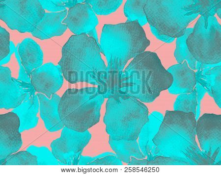 Hawaiian Watercolor Pattern. Indigo Blue Floral Tropical Seamless Print. Hibiscus And Oleander In Ha