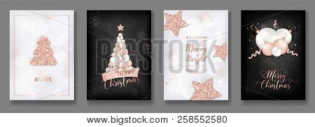 Vector Collection Of Elegant Merry Christmas Cards With Shining Rose Gold Glitter Christmas Balls St