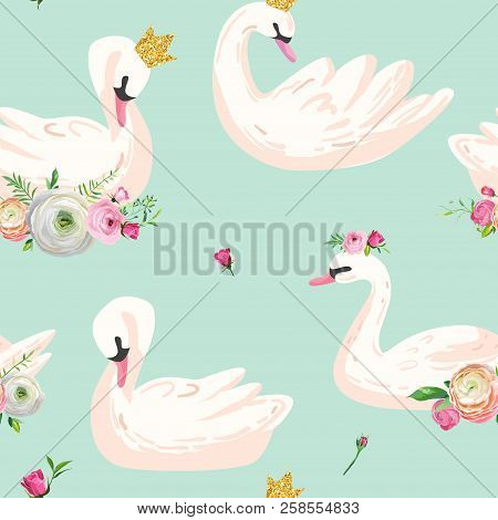 Beautiful Seamless Pattern With White Swans In Crowns, Use For Baby Background, Textile Prints, Cove