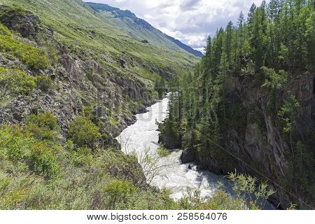 The Chuya River In A Narrow Canyon.  End Of The Mazhoy Cascade. August. Surroundings Of The Village 