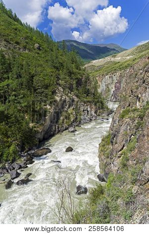 The Chuya River In A Narrow Canyon.  End Of The Mazhoy Cascade. August. Surroundings Of The Village 