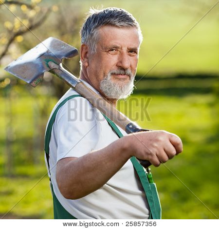 Ritratto di un uomo anziano giardinaggio nel suo giardino (immagine a colori dai toni)
