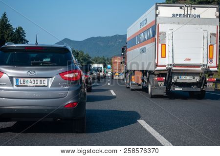 Highway A1, Near Vransko, Slovenia - 29 August 2018 - Cars Standing Still In Lines On Highway, A Car