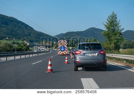 Highway A1, Near Vransko, Slovenia - 29 August 2018 - Roadbloack On Highway Diverting Cars Off Highw