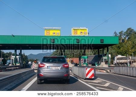 Highway A1, Near Vransko, Slovenia - 29 August 2018 - Cars Standing Still In Lines On Highway, A Car