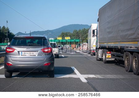 Highway A1, Near Vransko, Slovenia - 29 August 2018 - Cars Standing Still Before Toll Station Vransk