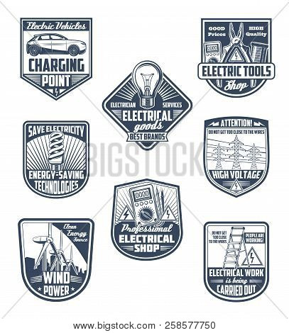 Electricity Supply, Electric Service And Energy Saving Vector Icons. Electric Tools, Green Power Tec