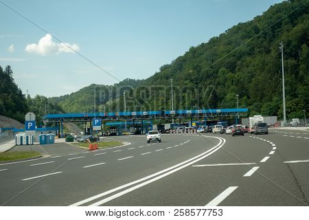 Macelj, Gruskovje - Border Slovenia And Croatia, July 9 2018: Cars, Buses And Trucks Waiting To Cros