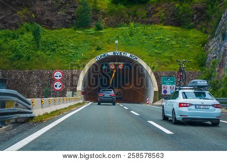 Highway A1 Vicinity Of Zadar, Croatia, July 1 2018: Entrance To The Tunel Sveti Rok On Croatian High