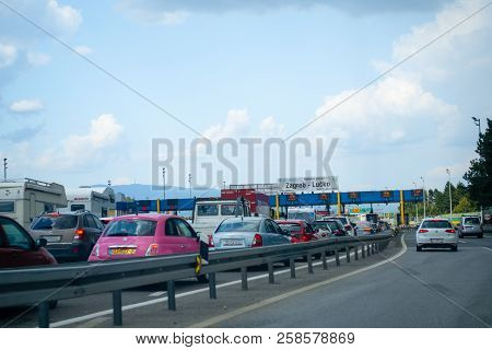 Zagreb, Croatia - July 9 2018: Heavy Trafiic With Congestions At Toll Gate Lucko In Zagreb, Croatia 