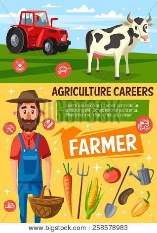 Farmer On Farm, Cow And Tractor On Arable. Rancher, Farm Worker Or Gardener In Hat And Overalls With