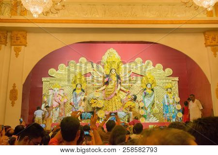 Kolkata , India - September 29, 2017 : Goddess Durga Idol Inside Decorated Durga Puja Pandal, Shot A