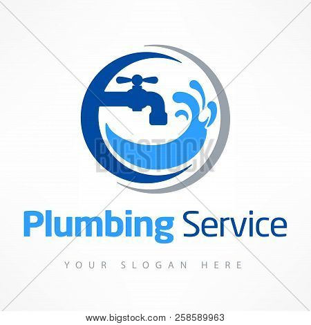Plumbing Service Logo In Blue, Plumbing Symbol On White With Text. Vector Illustration.