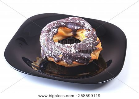 Homemade Traditional Polish Sweets Doughnuts On Black Plate Isolated On White Background.